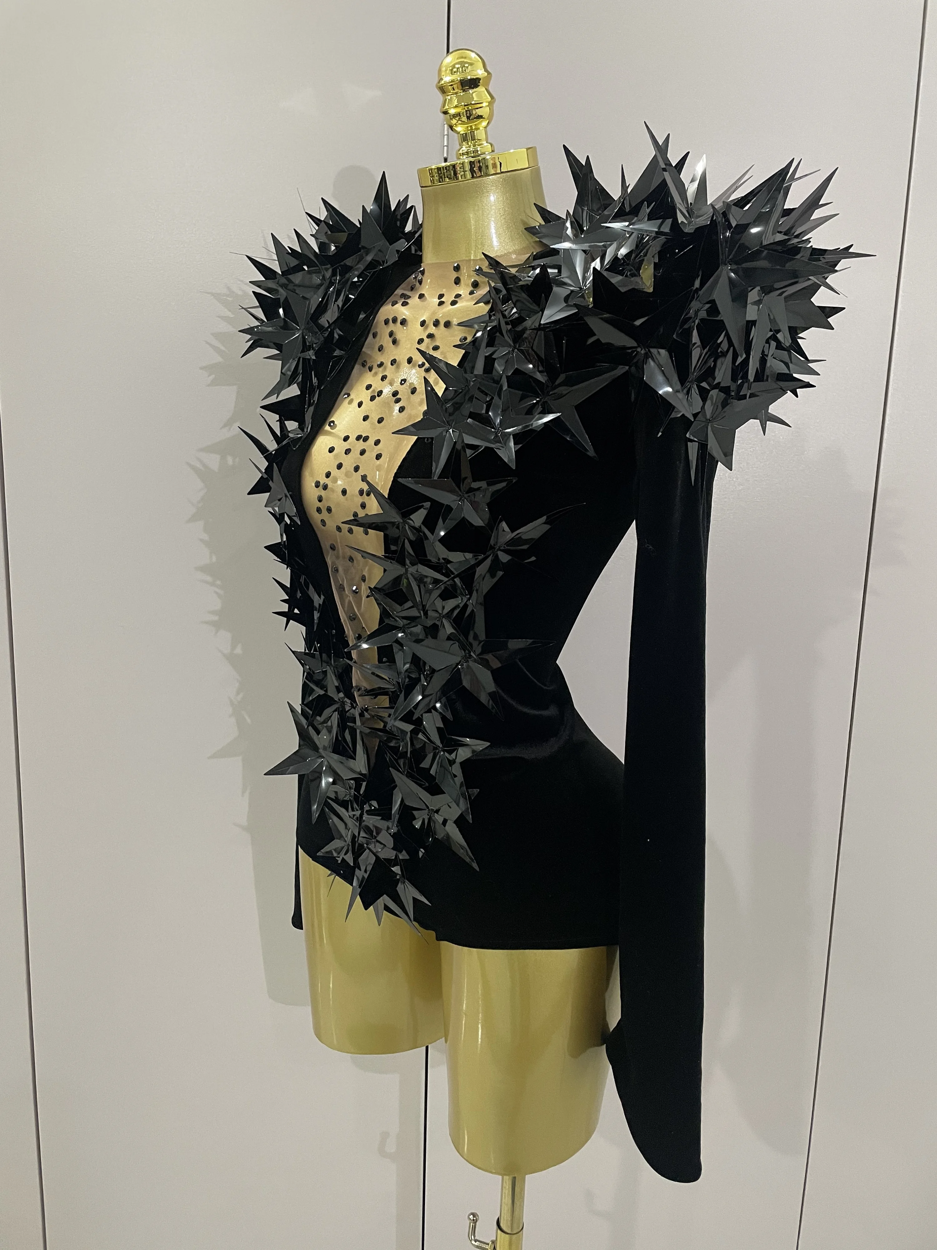 2025 New Shiny Black Rhinestone Velvet Long Sleeve Bodysuit Women Evening Party Club Gala Hosts NightClub Bar Stage Costumes