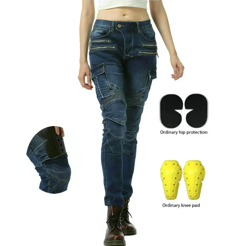 Loong Biker Female Motorcycle Riding Pants Moto Sports Knight Protective Jeans Fashion Girls' Locomotive Leisure Trousers Blue