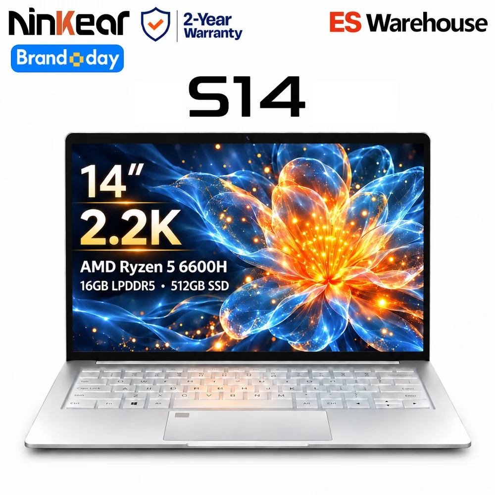 Ninkear S14 Leggero Laptop AMD Ryzen 5 6600H 14 Pollici Display IPS 2.2K 16GB RAM LPDDR5 512GB SSD impronta digitale Windows 11 WiFi 6 ricarica rapida
