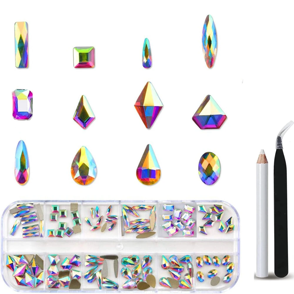 120個の多様な形のネイルジェムストーン + 1440個のSS4/SS5/SS6/SS8/SS10/SS12 ABネイルラインストーン + 1個のピックアップピンセット + 1個のワックスペンシル