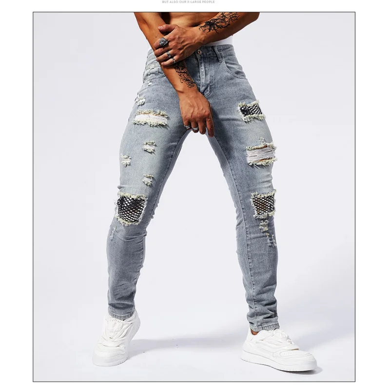 

Patch sequin rhinestone jeans for men with torn holes, elastic summer fashion, casual fit, small foot muscle tight pants