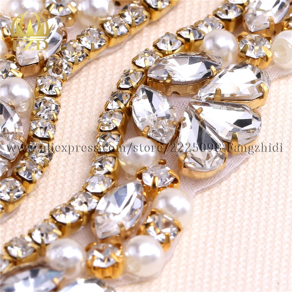 FANGZHIDI 1 Yard Rose Gold Sewing on Rhinestone Trim Crystal Beaded Applique for Wedding Dresses Belts FA-1071