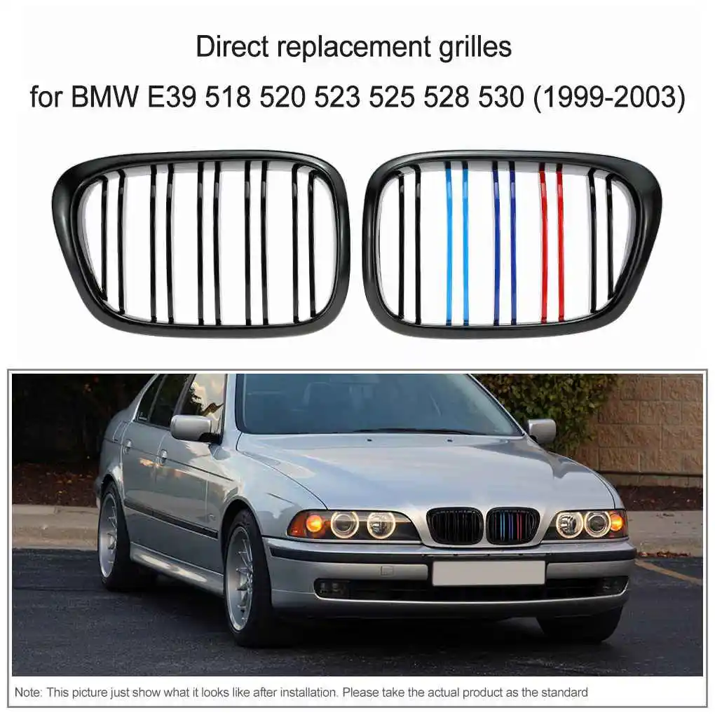 Gloss Black Double Line M-color Front Kidney Grilles for BMW 5 Series E39 518 520 523 525 528 530 99-04