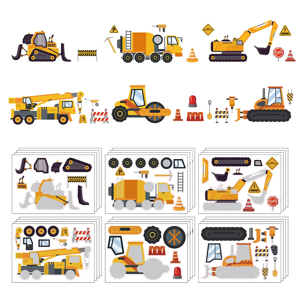 6/12Sheets DIY Engineering Vehicle Excavator Puzzle Sticker Kids Toys Make Your Own Truck  Car Assemble Jigsaw For Boys Children