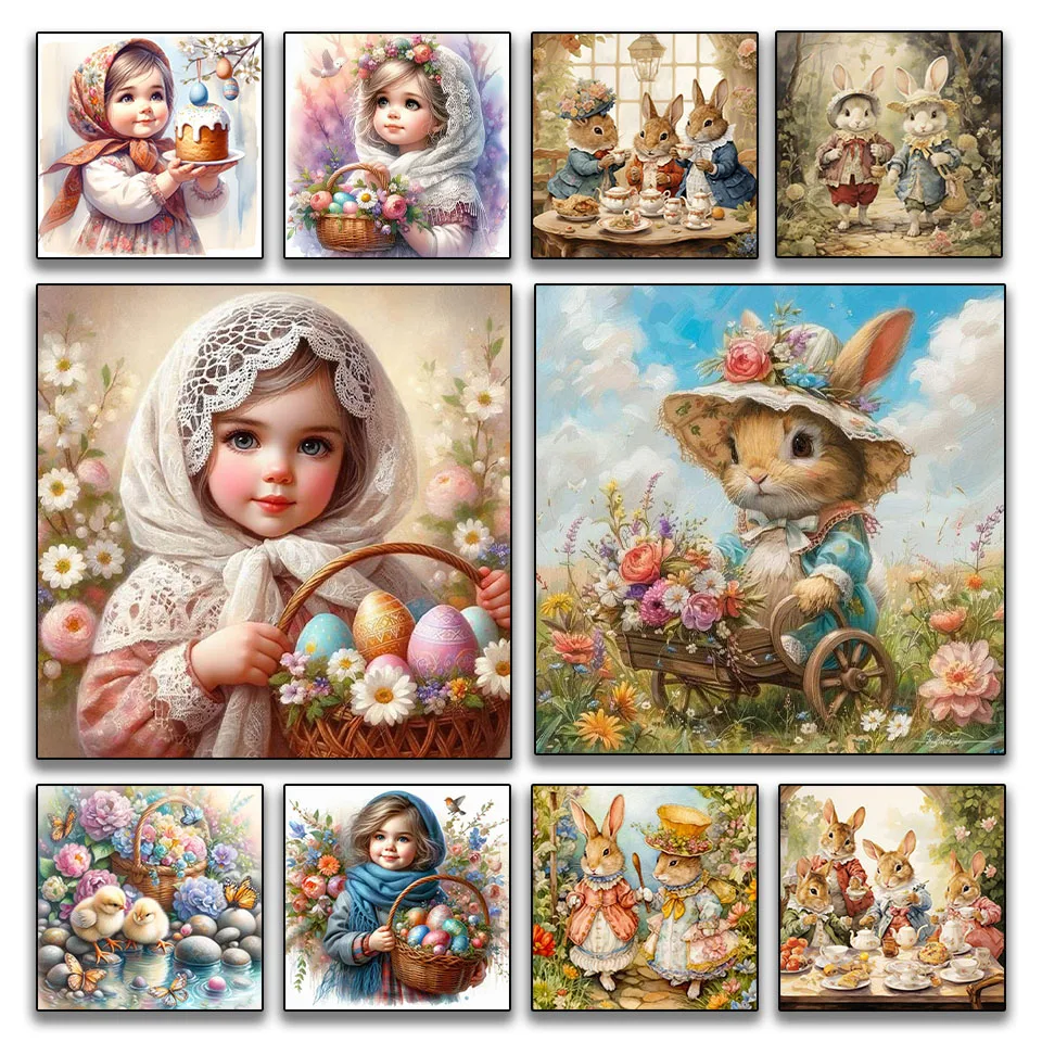 

5D DIY Diamond Painting Easter Mosaic Cross-Stitch Kit Crystal Art Square Round Rhinestone Rabbit and Girl Embroidery Home Decor