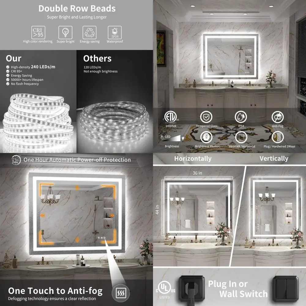 مرآة زينة للحمام بإضاءة خلفية LED مقاس 44 × 36 بوصة مع 3 أضواء ملونة، مقاومة للكسر، مضادة للضباب، ذاكرة سطوع