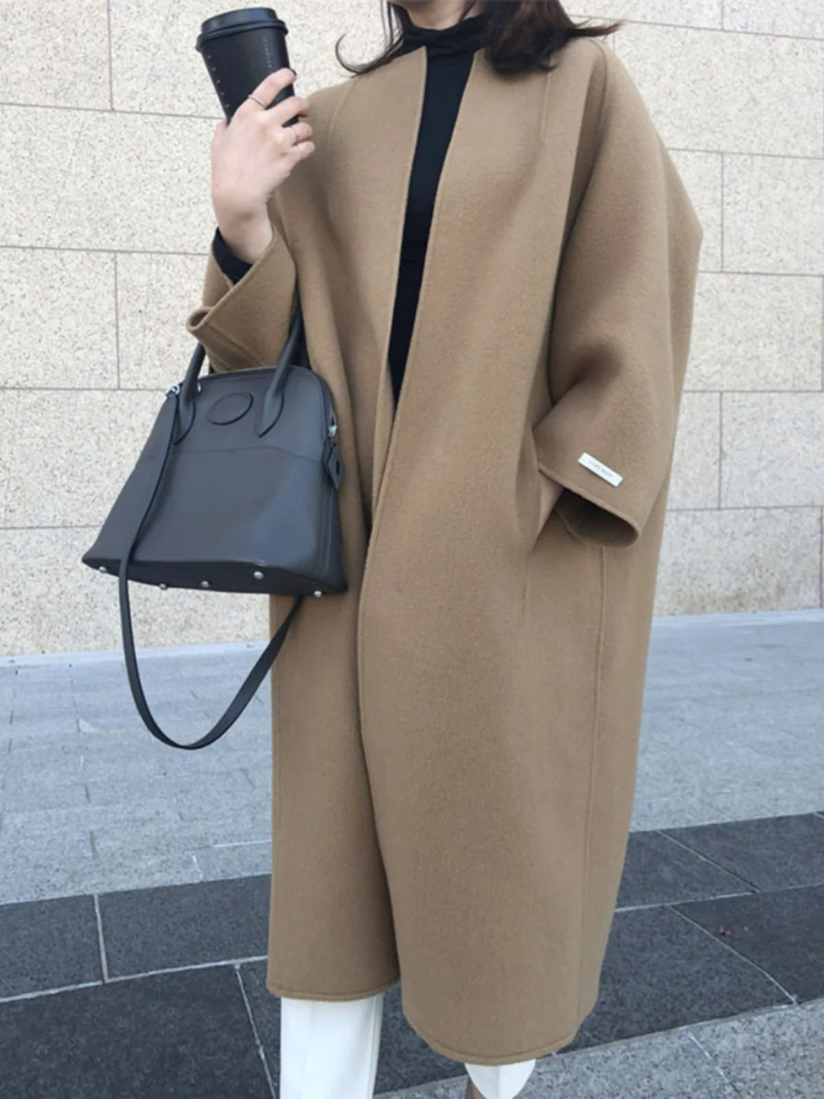 

Loose Mid-Length Thiened Woolen Coat Korean Sle Straight Cut Large Size Single Color Autumn Winter Faion Outerwear