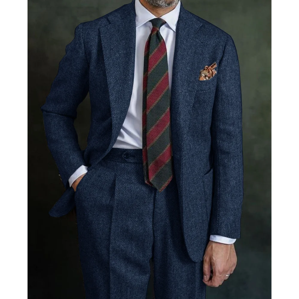 بدلة متعرجة بدلة عادية مع طية صدر السترة خمر قطعتين بدلة العريس عالية الجودة فن الزفاف الأقمشة الصوفية الخشنة