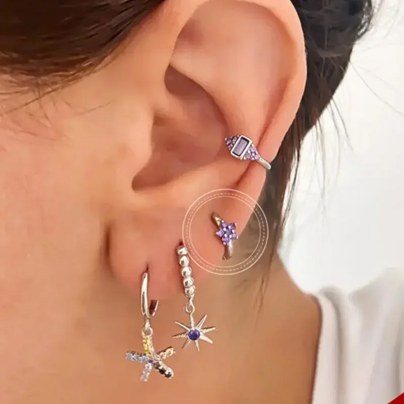 925 Sterling Silver Needle Luksusowe fioletowe kryształowe kolczyki w kształcie serca dla kobiet Geometryczne kolczyki z krzyżem Biżuteria modowa — zdjęcie 4