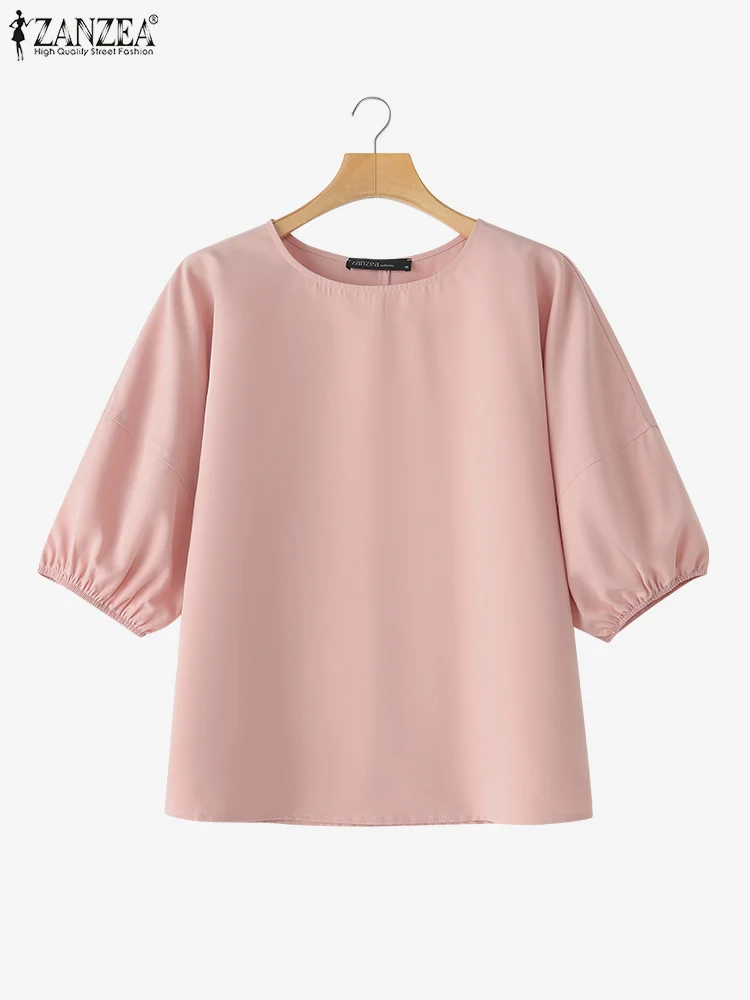 

2025 Fashion Blouses ZANZEA Women Summer Puff Sleeve Shirts Elegant Solid Color Half Sleeve O-Neck Casual Tunic Tops Loose Blusa
