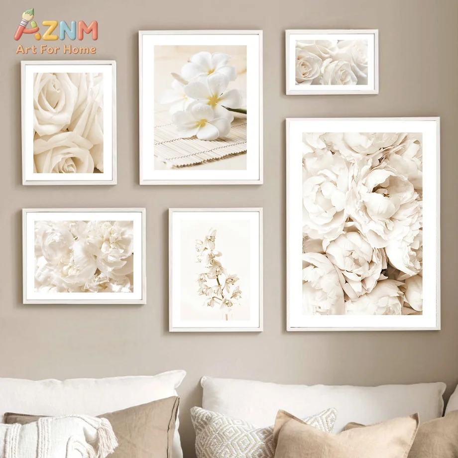 AZNM Cream White Floral Canvas Wall Art Soft Beige Peony Rose Plumeria Flower Photograph Print Minimalist Neutral Boho Living Ro