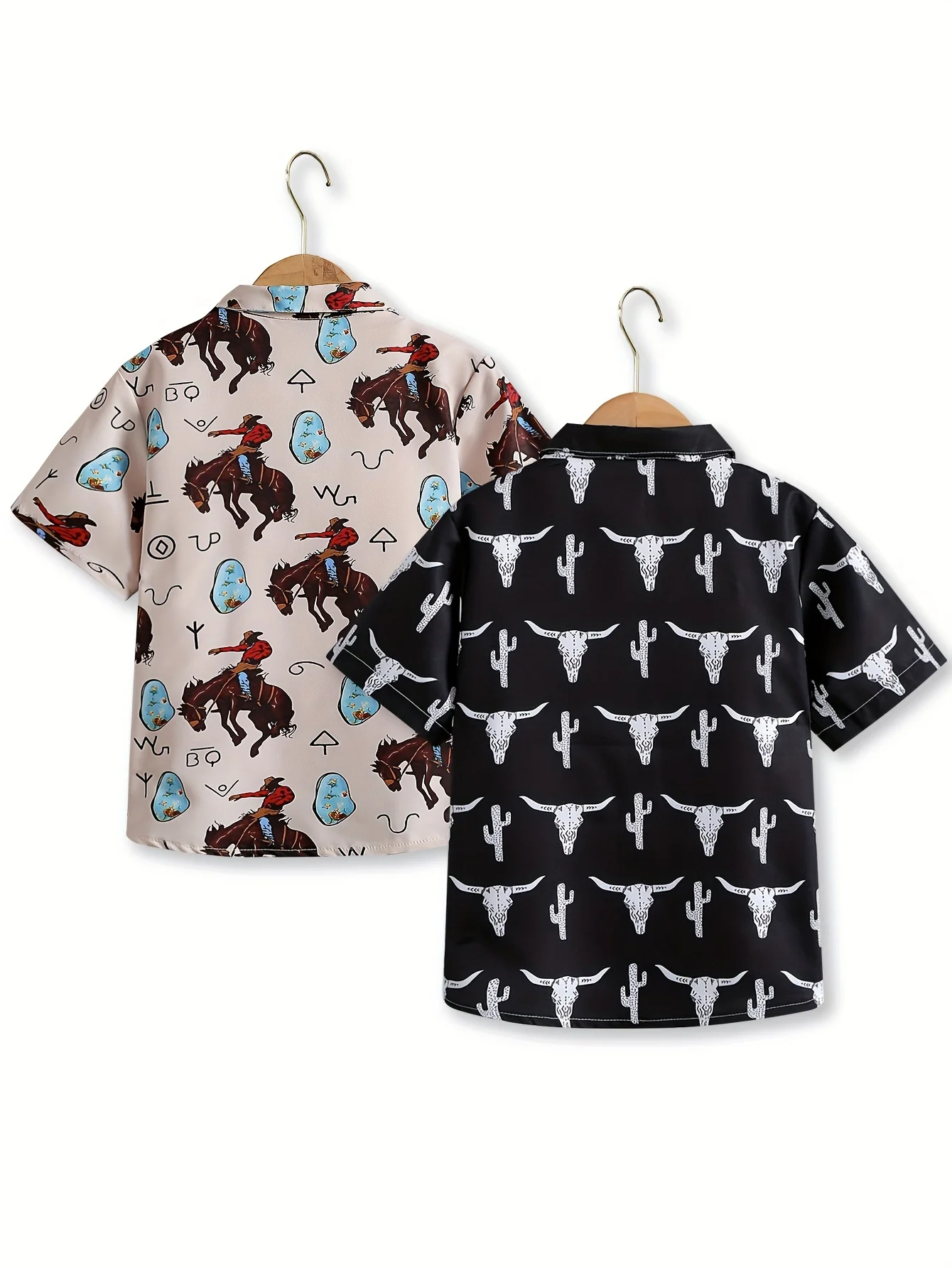 Kids Loose Button‑down Shirt Western Desert Cow Skull Cactus Graphic Print Camp Collar Short Sleeve Leisure Tops