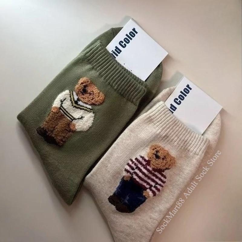New Trendy Cartoon Bear Mid-Calf Cotton Socks for Women Casual Sweater Female Socks Comfortable Long Women Middle tube Socks image 5