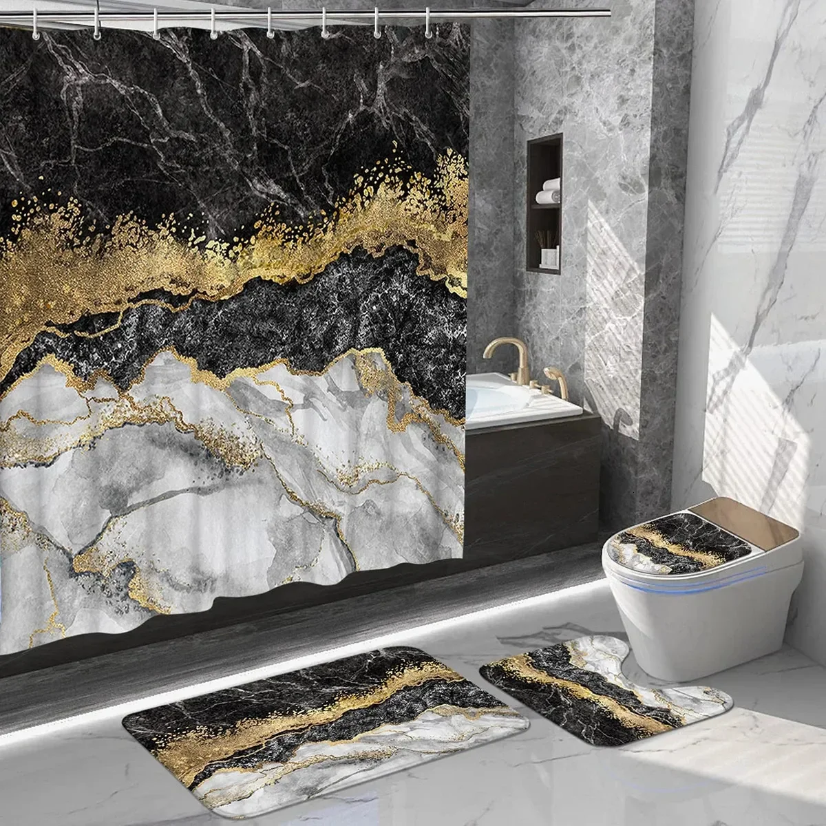 4 Pcs Black Gold Marble Shower Curtain Set Waterproof Fabric Bath Curtain Stone Non-Slip Bath Mat Toilet Lid Cover Decor