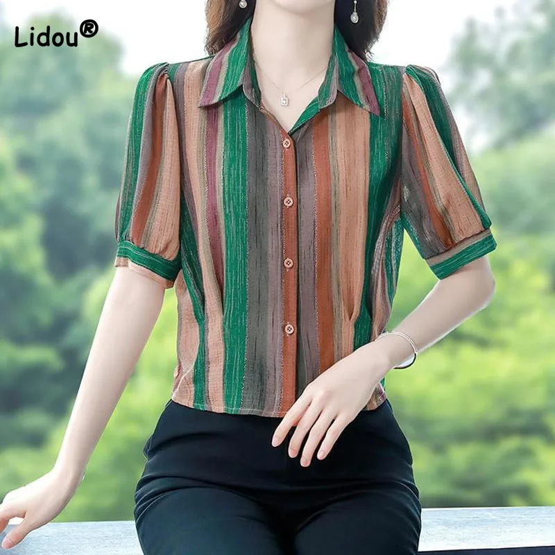 

Vintage Trendy Short Sleeve Striped Shirt for Female Summer Fashion Polo-Neck All-match Casual Button Blouse Women's Clothing