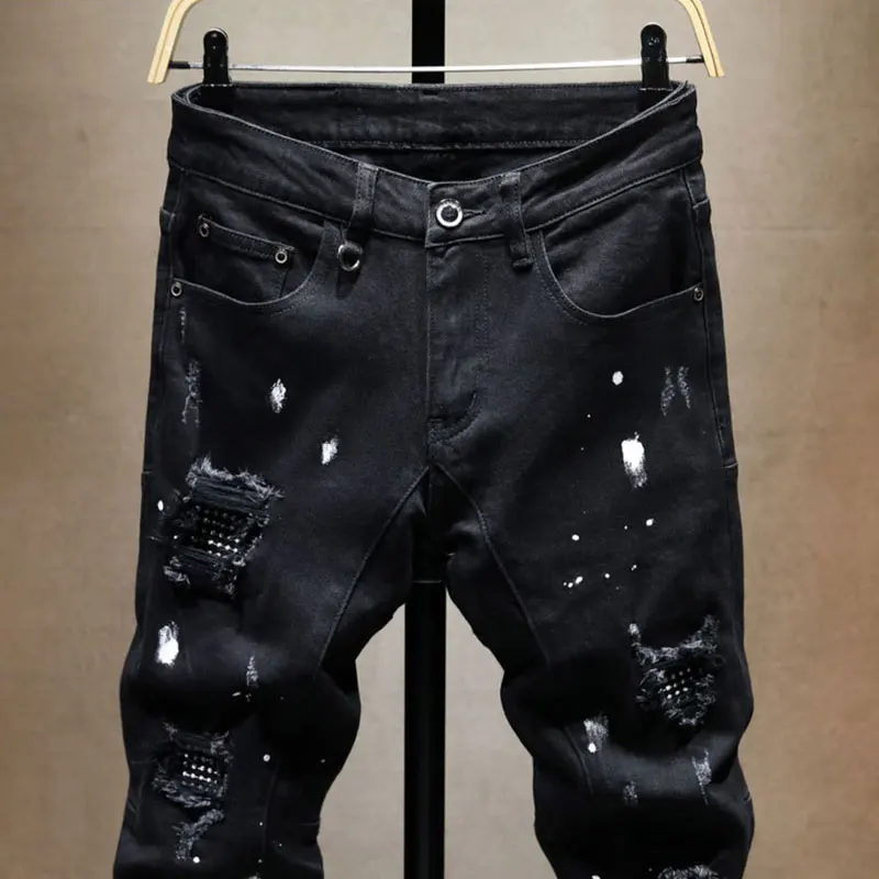 Y2K Italian Fashion New Men's Jeans Zipper Decoration Fishing Net Patch Washed Nostalgic Elastic Slim Fit Retro Black Jeans Desi