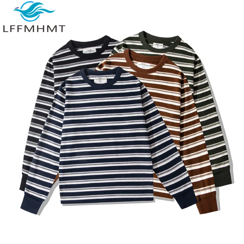 240G Heavyweight Striped Long Sleeve Men's T Shirt Spring Autumn Fashion Good Quality Thick O-Neck Pullover Tees Unisex Tops