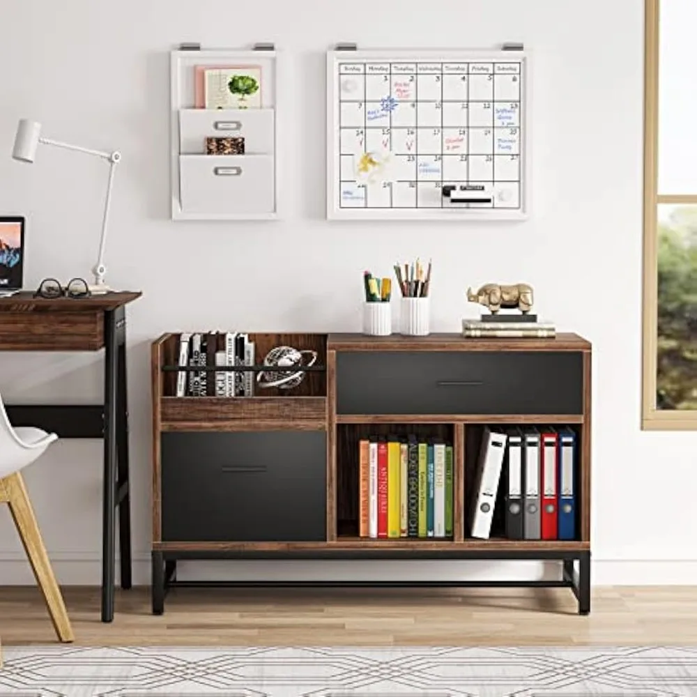 Rustic Brown 39 inch File Cabinet with 2 Drawers,Lateral Filing Cabinets, Printer Stand with Open Storage Shelves and Letter