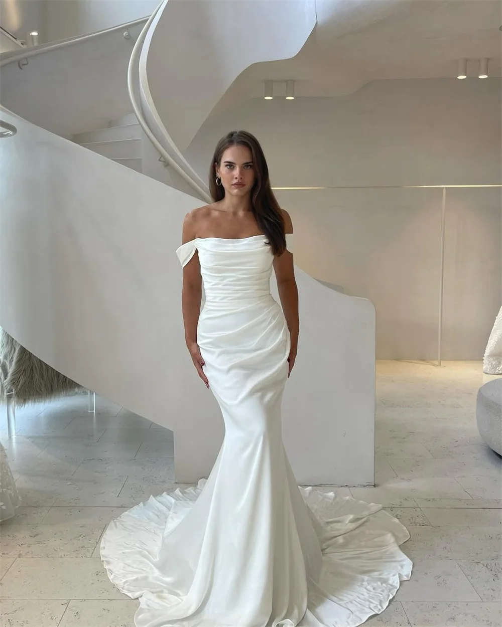 Tokyo Customized White Off Shoulder Wedding Dresses Long Sleeves Court Train Bridal Gowns 2025 Mermaid Elegant Wedding Gowns
