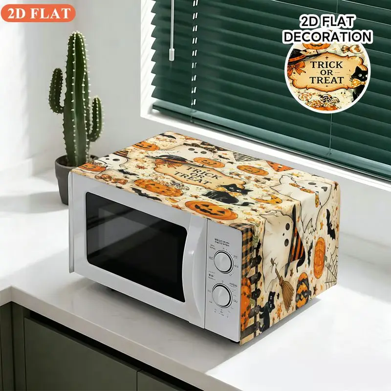 VIKAMA Halloween Microwave Oven Cover Ghost Pumpkin Black Cat Bat Print Dust‑proof Microwave Protector For Kitchen Home Decor