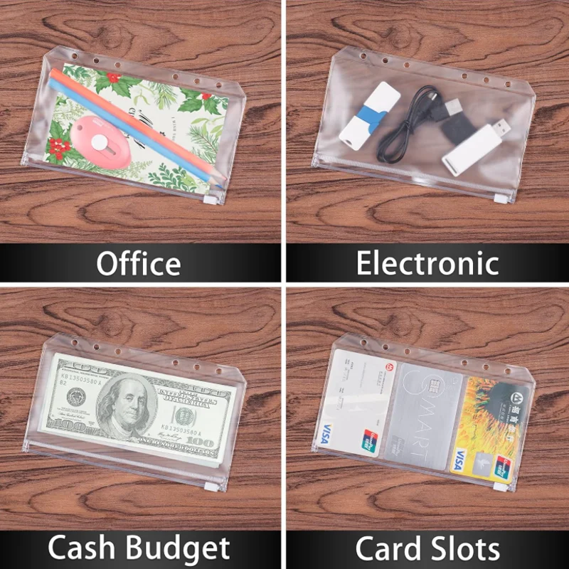 10 tasche raccoglitore A6 buste per contanti a 6 fori per il budget, cartelle trasparenti con cerniera per raccoglitore a 6 anelli, organizer in PVC impermeabile
