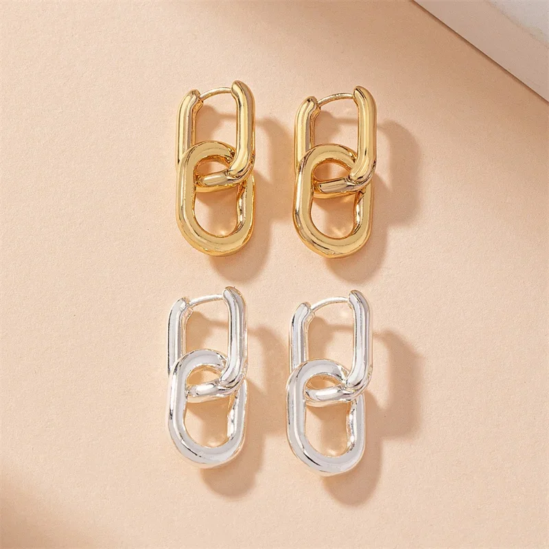 Stainless Steel Fashion Gold Color Geometric Square Hoop Earrings for Women Huggie Punk Hip-Hop Metal Round Circle Party Jewelry