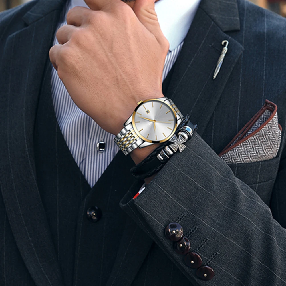 

Business Men Quartz Wristwatch Stainless Steel Black Silver Fashion Watch Waterproof Daily Use Calendar Men Wrist Watch