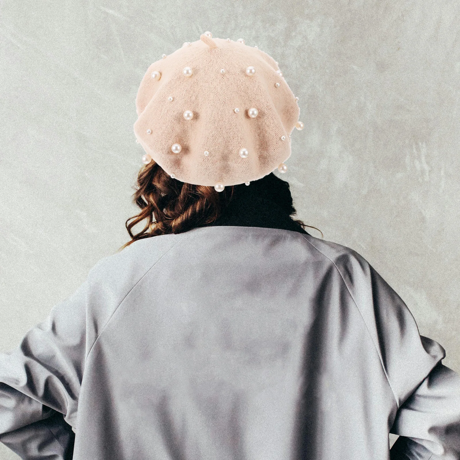 

Women'S Pearl Beret Autumn Winter Cashmere Heavy Work Foldable Beanie Beaded Rivet Wool Free Size Beige Gift For