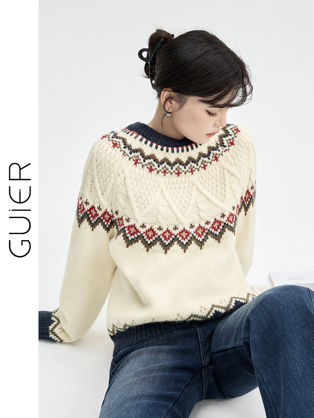 

Вязаный свитер Guerui Arctic Velvet Fair Isle для женщин, зимний, маленький размер, винтажный ромбовидный узор, повседневный свободный крой, топ