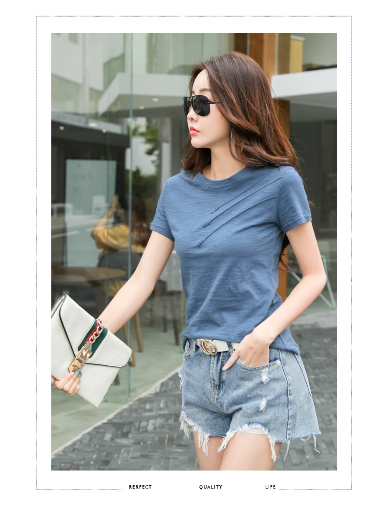 AOSSVIAO 2026 Summer Solid Color Women's T-Shirts Slub Cotton O-Neck Short Sleeve T-Shirt Loose Casual Simple Button Basic Top