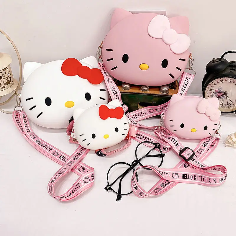 

Sanrio Kawaii Cartoon Hello Kitty Silicone Messenger Bag Cute Student Backpacks Girl Heart Change Mobile Phone Small Round Bag