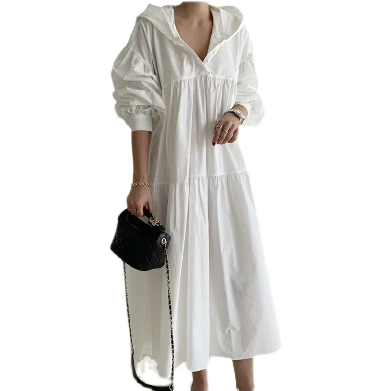 SuperAen 2024 Hooded Loose Oversized Long Dress Casual Temperament Maxi Shirt Dress Female