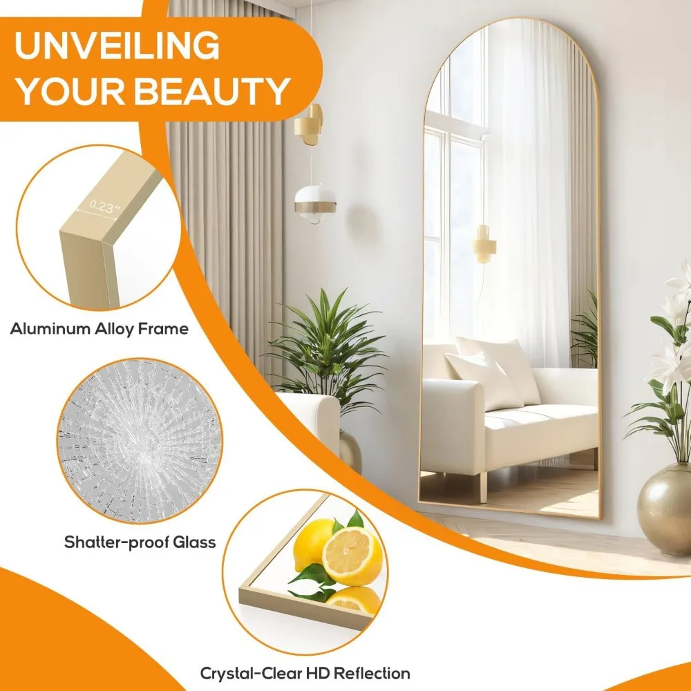 Espelho arqueado de comprimento total - vidro inquebrável de 21 x 64 polegadas, chão ou suspensão de parede, tamanho grande, design atualizado
