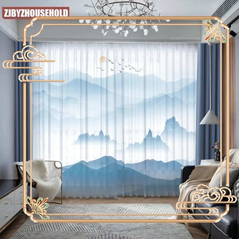 

New Chinese Ink Landscape Curtains for Living Room Bedroom Study Upscale Yarn Tulle Screen Light Luxury Floor-to-ceiling Windows