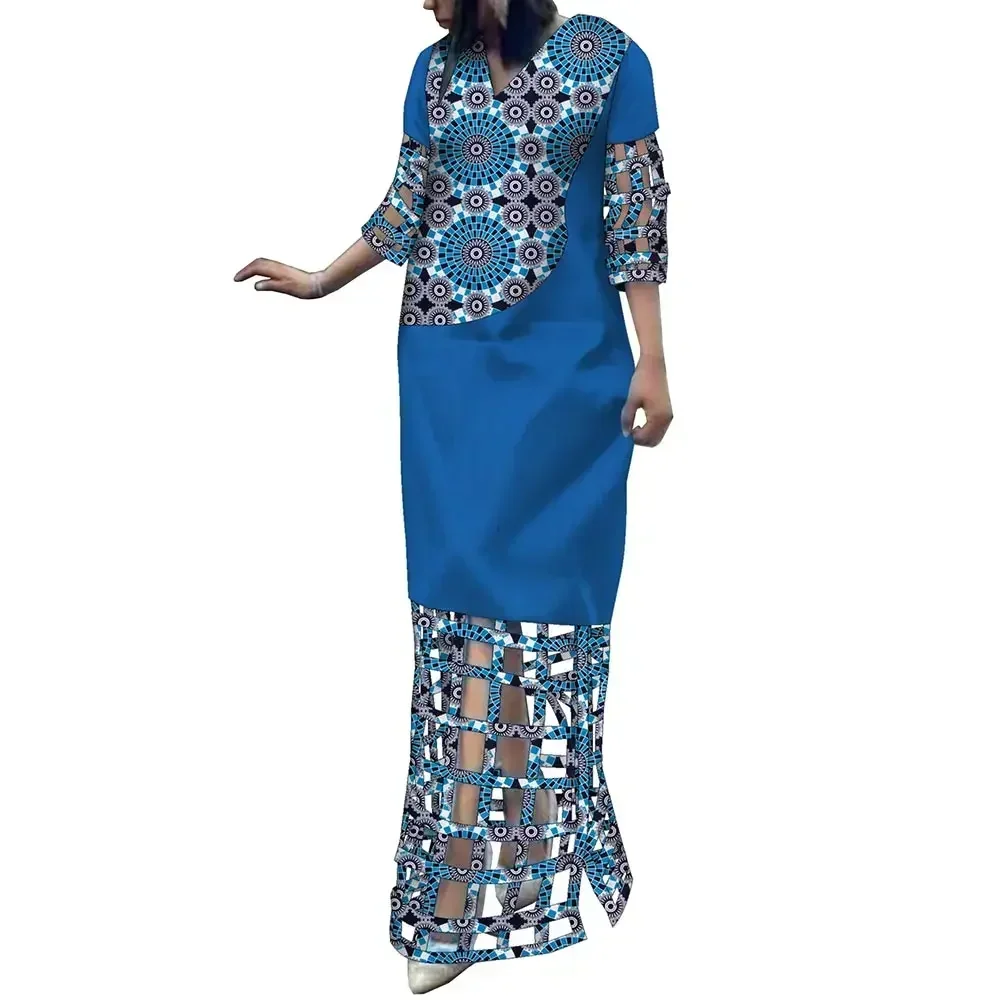 

African Women Hollow Dresses Free Customize Ankara Dashiki Lady Party Clothes Half Sleeve V Neck Dress Cotton Print Wy10499