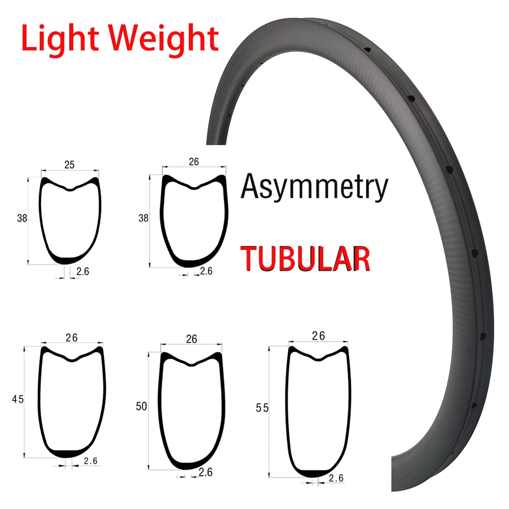 

Carbon Tubular 25mm/26mm Wide Road Bicycle Rims 38/45/50/55mm 700C Asymmetric Light Bike Wheel Ud 3k 12k Twill Rim Brake/Disc