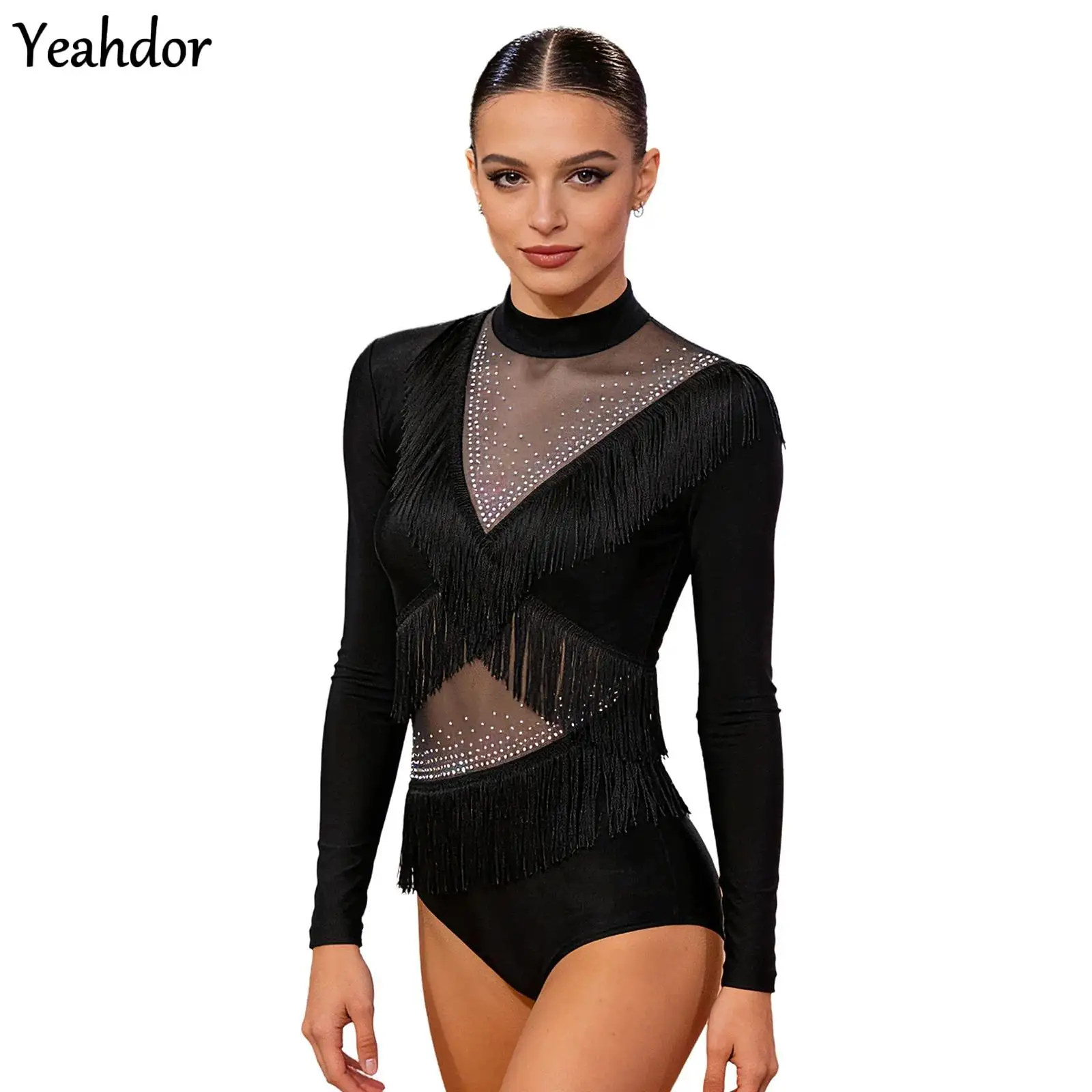 

Women Tassel Latin Dance Leotard Jumpsuit Sheer Mesh Rhinestone Long Sleeve Fringed Bodysuit Tango Cha-Cha Salsa Skating Costume