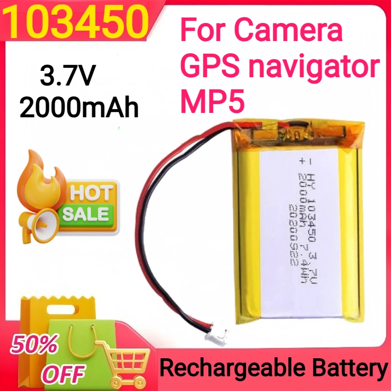 

103450 3.7V 2000mAh Polymer Lithium Rechargeable Battery Jst PH 2.0mm 2pin Plug for Camera GPS Navigator MP5 Bluetooth Headset