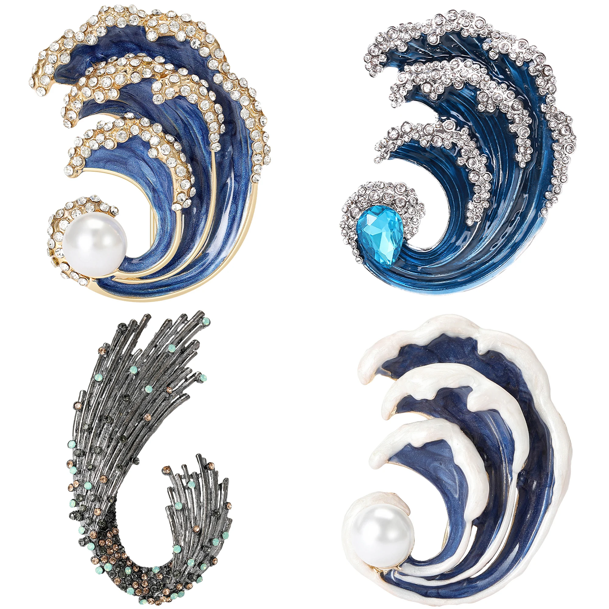 Enamel Wave Brooches for Women Unisex Rhinestone Waves Pins Banquet Party Backpack Gifts Jewelry Accessories