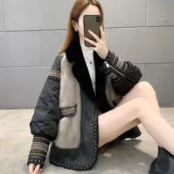 Fashion Mink Fur Coat Women Winter 2024 New Medium To Long Parker Coat Korean Loose Stitching Fur Cotton-Padded Jacket Female