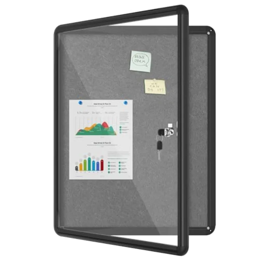 

26"x20" Enclosed Bulletin Board Lockable Weather-Resistant Aluminum Cork Noticeboard for School and Office Black Frame w/Grey F