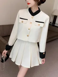 New 2023 Spring Tweed Fashion Collision Color Crop Jacket Skirts Suit Female Long Sleeved Coat Pleated Skirt Two-piece Set