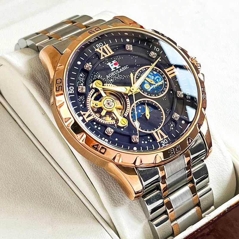 Mens Multifunctional Watch Luminous Moon Phase 24 Hour Indicator Screw Crown Butterfly Buckle 30M Waterproof 43MM Large Dial