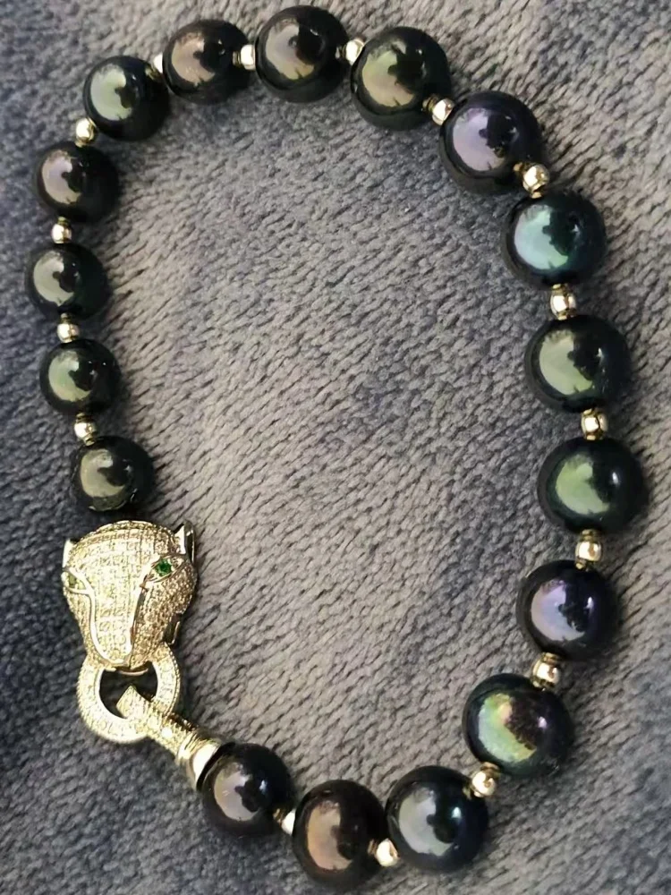 Gorgeous AAA 9-10mm South Sea Black Green Pearl Bracelet 7.5-8 inch 925 Leopard print Head Boutique Jewelry Making