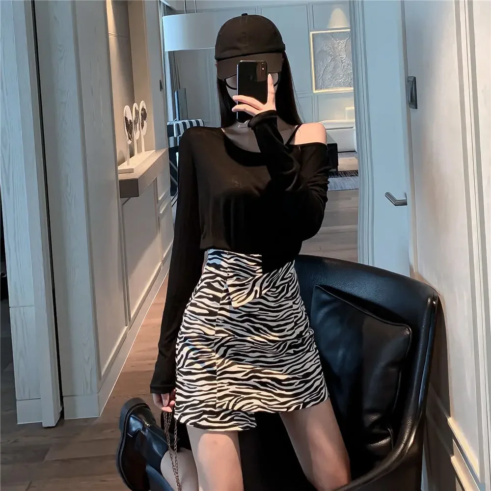 Skirts Women Irregular Slim Fashion Empire Casual Daily Streetwear Sexy Girls Abdomen Mini All-match Chic Zebra-striped Popular