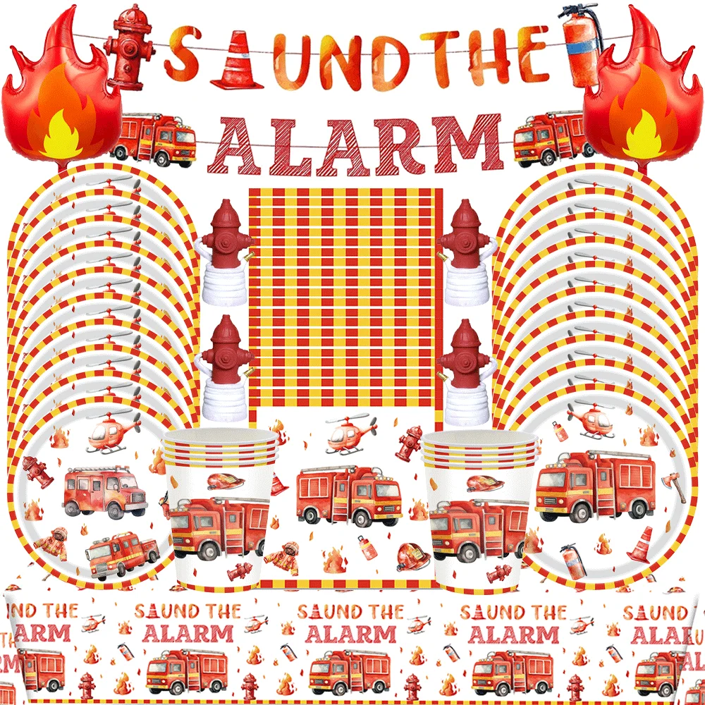 Fire Truck Firefighter Party Supplies Birthday Decorations Fire Engine Tableware Plates Cups Napkins Banner Balloons Cake Topper