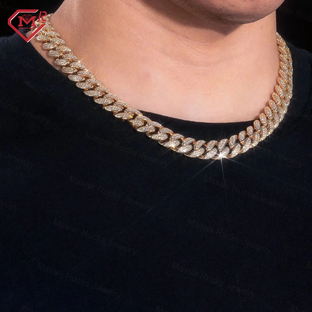 Master Rocks Jewelry Hipjop Cuban Link Chain 925 Sterling Silver 12mm Iced Out VVS Moissanite Cuban Link Chain