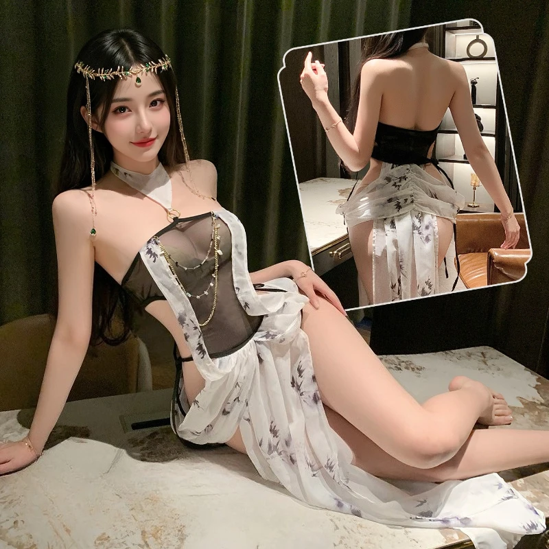 

Sexy Classical Black White Print Hanfu Ancient Style Dress Erotic Underwear Chinese Transparent Skirt Adult Home Sleepwear New