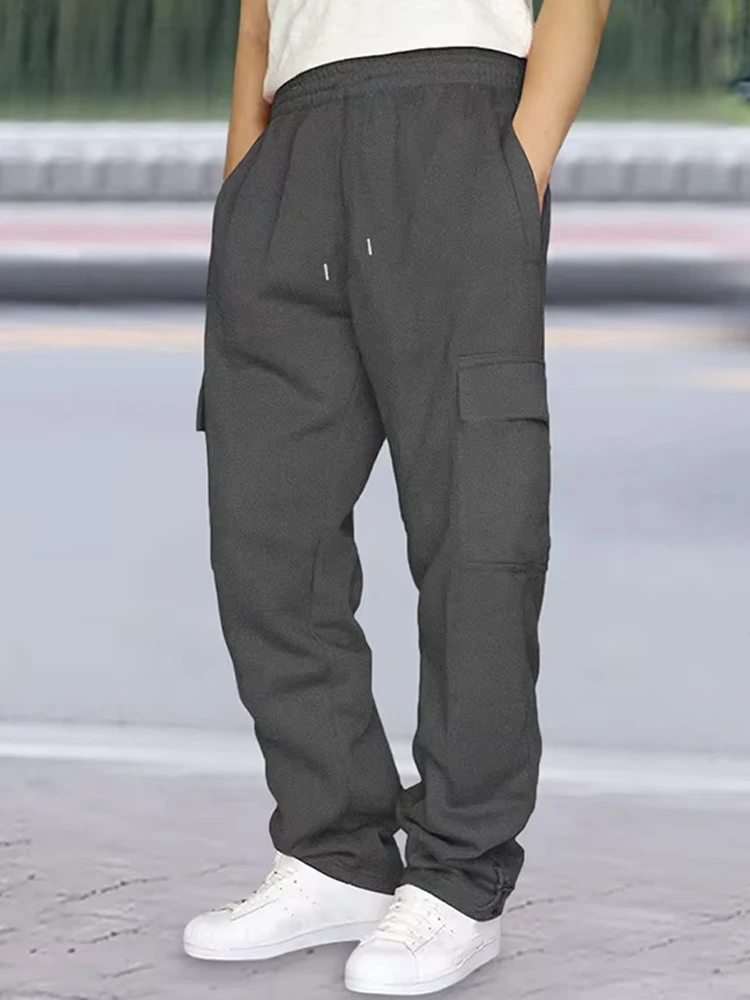 

2025 Fall Casual Solid Color Multi Trousers Men Vintage Loose Straight Pants Pockets Outdoor Fashion Drawstring Cargo Pants Mens