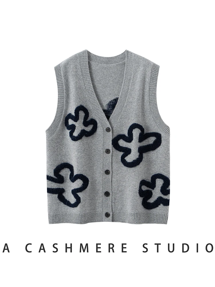 MEETCC Mulheres 100% Cashmere Floral Bordado Sem Mangas Pulôver V Pescoço Outono Inverno Camisola de Cachemira Colete Colete Macio